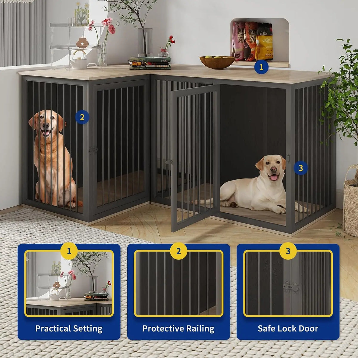 Large Double Dog Crate Furniture with Divider for Dogs